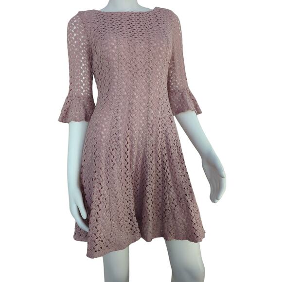 Rabbit Rabbit Rabbit Designs Crochet Overlay Dusty Pink Dress 3/4 Slv Fit Size S - Picture 1 of 6